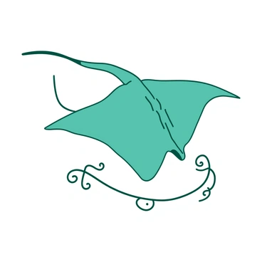 A teal minimalist stingray tattoo design features elegant, intricate line work that outlines the shape of the stingray. The stingray's wings are gently curved, creating a sense of movement. Beneath the stingray, there are delicate swirls that complement the overall design. The tattoo's lines are bold yet refined, emphasizing the graceful form of the stingray.