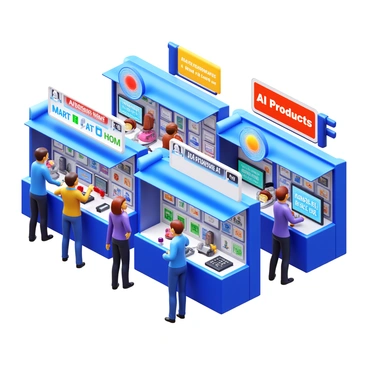 A bustling marketplace with numerous vendors showcasing a variety of AI-enhanced products. Stalls are filled with futuristic gadgets, including smart home devices, AI-powered personal assistants, and innovative robotics. Brightly colored banners hang above each stall, displaying "AI Products" in bold letters. Shoppers examine products with curiosity, some interacting with digital displays that showcase product features. The atmosphere is lively, with people discussing the latest technologies and vendors demonstrating their products in real-time.