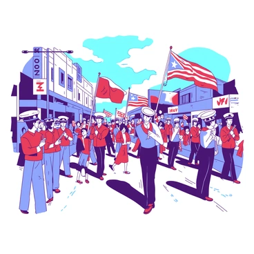 A vibrant scene of a national holiday parade is unfolding. Colorful flags are waving proudly in the air, showcasing various national symbols. Marching bands are positioned along the street, with musicians in uniform playing lively patriotic songs. The musicians are holding brass instruments, and some are wearing hats adorned with stars and stripes. Spectators line the sidewalks, many holding small flags and cheering enthusiastically. The atmosphere is filled with excitement and celebration, reflecting the spirit of the holiday.