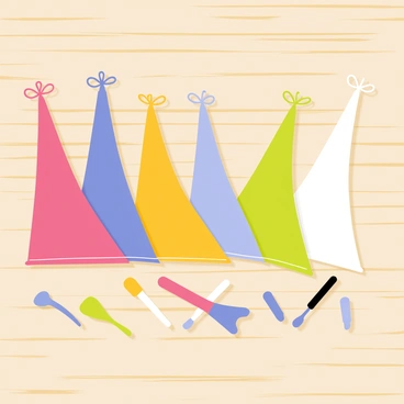 A collection of piping bags in various shapes and sizes, filled with bright and colorful icing. The bags are arranged neatly on a wooden surface, showcasing shades of pink, blue, yellow, green, and white. Each bag is secured at the top with a twist tie, and the tips are cut to create different designs. Small spatulas and an assortment of cake decorating tools are scattered around the piping bags, ready for use.