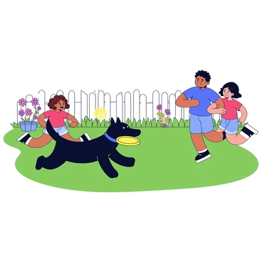 A happy black dog with a shiny coat is running joyfully in a green backyard. The dog is holding a bright yellow frisbee in its mouth. Two children are playing nearby; one child is a girl with curly brown hair wearing a red t-shirt and denim shorts. The other is a boy with straight black hair wearing a blue t-shirt and shorts. The children are laughing and running towards the dog, ready to throw the frisbee again. The backyard is enclosed by a white picket fence and filled with colorful flowers and grass.