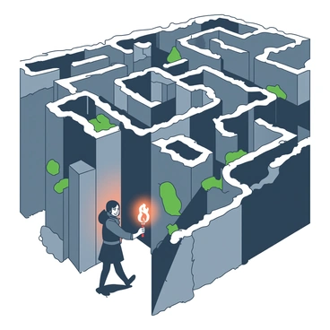A person is walking through a complex labyrinth made of tall, gray stone walls. The walls are covered in patches of moss and lichen, adding a touch of green. The person is dressed in a dark outfit, holding a flickering orange torch that casts a warm glow around them. Shadows dance along the walls as they move cautiously, with their face reflecting determination. The labyrinth's paths twist and turn in multiple directions, with some corners leading into darker sections where the light from the torch struggles to reach.