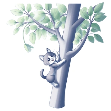 A small, playful kitten is climbing a tall tree. The tree is lush with numerous green leaves and has a sturdy trunk. The kitten, with its fur pattern visible, is positioned among the branches, reaching out with its paw as if to bat at a leaf. Its facial expression shows a mischievous grin, highlighting its playful nature. The sunlight filters through the foliage, creating dappled shadows on the kitten and the tree.