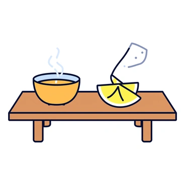 A traditional Japanese tea ceremony setup with a low wooden table. On the table is a steaming cup of yuzu tea, showcasing its warm golden color. Next to the cup is a slice of fresh yuzu, its bright yellow hue contrasting with the tea. The background features simple tatami mats and minimalistic decor, emphasizing the focus on the tea and the peaceful atmosphere of the ceremony.