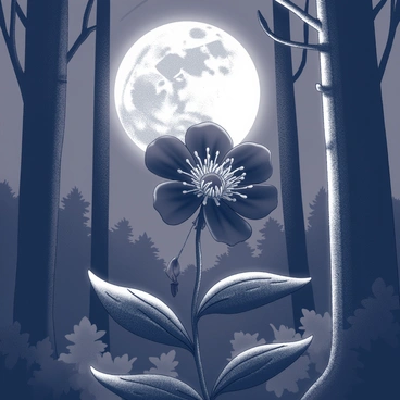 A black flower with intricate petals is blooming prominently in the foreground. Behind it, a bright full moon casts a soft glow, illuminating the scene. The forest is dense with tall trees, their silhouettes dark against the night sky. Shadows play across the ground, adding depth to the setting. The atmosphere is tranquil, with the moonlight creating highlights on the flower’s surface. The background reveals hints of foliage and branches intertwined around the flower, providing a sense of enclosure within the dark forest.