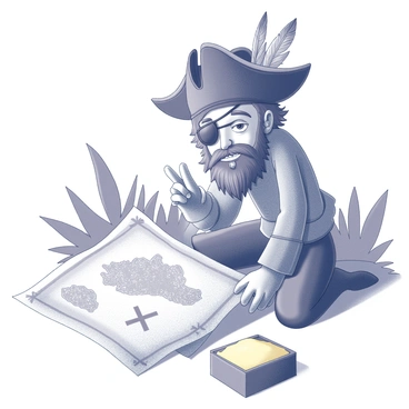 A pirate with a weathered appearance is sitting on the ground, intently examining a treasure map. He is wearing a tattered hat adorned with feathers and has an eye patch covering one eye. The map is spread out in front of him, displaying intricate details of an island. The 'X' marking the treasure is humorously positioned over a sandbox filled with pale yellow sand. The pirate's expression shows a mix of confusion and amusement as he squints at the map, scratching his beard thoughtfully. In the background, there are hints of tropical vegetation framing the scene, adding context to the pirate's adventure.