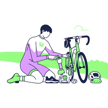 A triathlete is kneeling on the ground, organizing their cycling gear. They are wearing a fitted athletic suit with a logo on the chest. Next to them is a bright bicycle, with a water bottle mounted on the frame. A helmet is placed on the ground beside the bike. The triathlete is sorting through a collection of gear, including cycling shoes, a small bag of energy gels, and a pair of gloves. A stopwatch is resting on the ground, and there is a towel draped over the bike's handlebars. The background features a clear sky and a flat terrain, indicating an outdoor setting.