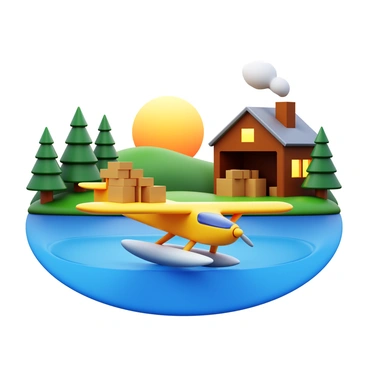 A seaplane with a bright yellow fuselage is landing on a calm lake, creating small ripples in the water. The cabin is nestled among tall pine trees on the shore, with smoke gently rising from its chimney, indicating a warm fire inside. The sun is setting in the background, casting a golden hue over the scene. Boxes and supplies are visible in the seaplane's open cargo hold, ready to be unloaded.