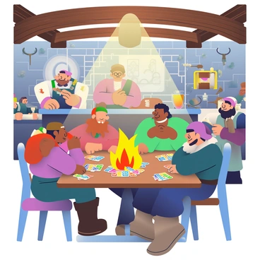 A lively tavern interior is filled with numerous adventurers engaged in various activities. In the center, a group of four adventurers with diverse appearances and outfits is gathered around a wooden table, engrossed in a magical card game. The table is cluttered with colorful cards, some glowing faintly, indicating their magical properties. Above the table, a large glowing hearthstone radiates warmth and light, casting flickering shadows on the walls. The tavern features wooden beams across the ceiling and stone walls adorned with various weapons and trophies. In the background, a bartender with a thick beard is preparing drinks, while a bard strums a lute in the corner, contributing to the vibrant atmosphere of camaraderie and excitement.