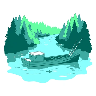 A teal fishing barge is floating down a winding river surrounded by dense white forests. The barge is equipped with fishing rods leaning against the sides and a small cooler placed on the deck. The water is calm, reflecting the greenery of the trees on the banks. Sunlight filters through the leaves, creating dappled patterns on the water's surface. Small ripples can be seen where a fish occasionally jumps, adding life to the serene scene.