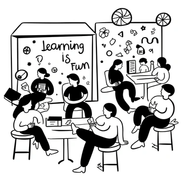 A group of children gathered in a lively urban setting, studying at colorful tables surrounded by large educational murals on the walls. The murals depict various subjects such as science, history, and mathematics, with engaging illustrations. Some children are reading books, while others are drawing or discussing ideas. Bicycle wheels and paintbrushes are artistically arranged around the space, adding to the creative atmosphere. "Learning is Fun" is prominently displayed on one of the murals, capturing the spirit of education and creativity.
