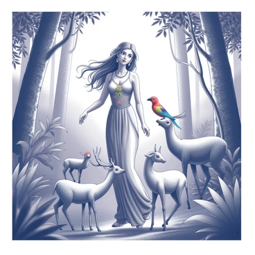 A goddess with flowing hair stands gracefully in a vibrant jungle. She is dressed in an elegant garment that flows around her, adorned with natural elements like leaves and flowers. Around her, various animals gather in harmony; a gentle deer stands close by, while colorful birds perch on her shoulders. The lush foliage of the jungle surrounds her, featuring thick tree trunks, large green leaves, and intricate vines that create a dense and rich background. Sunlight filters through the canopy, casting dappled shadows on the ground where the animals gather. The scene conveys a sense of unity between the goddess and the animals, depicting a serene interaction among them.