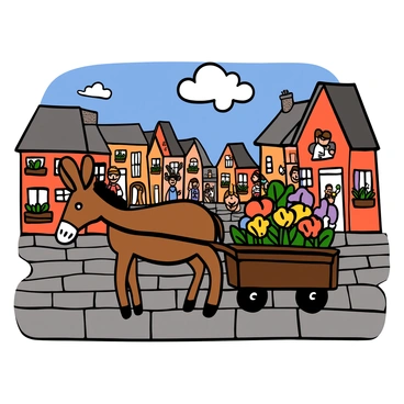 A vintage-style postcard depicting a donkey pulling a wooden cart filled with colorful flowers. The donkey has light brown fur with a white snip on its nose, standing in front of a charming European village. There are cobblestone streets lined with quaint brick houses, each with flower boxes under the windows. A few villagers can be seen in the background, engaging in everyday activities. The sky is a bright blue with a few fluffy clouds, adding to the cheerful atmosphere of the scene.