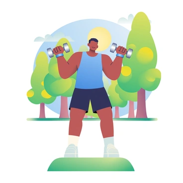A man with dark skin and short black hair is performing dumbbell front raises in a sunny park. He is wearing a bright blue tank top and black shorts, showcasing his muscular physique. The man is holding a pair of silver dumbbells, lifting them to shoulder height. In the background, there are tall green trees with vibrant leaves, and the sun is shining brightly, casting soft shadows on the grass beneath him. The park is lively, with a clear blue sky and a few fluffy white clouds scattered above.