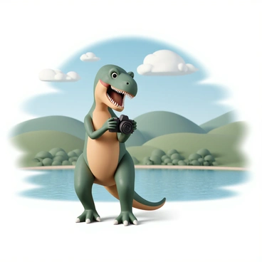 A large T-Rex, with green and brown scales, is standing on its hind legs. It is holding a big black camera with its tiny front arms, aiming it at a beautiful scenic landscape. In the background, there are rolling hills covered in lush green grass, a clear blue sky dotted with fluffy white clouds, and a sparkling lake reflecting the sunlight. The T-Rex has an excited expression, showing its teeth in a wide grin as it captures the beauty of nature.