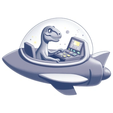 A T-Rex is seated inside a rocket ship with a sleek, curved design. The cockpit is filled with various control panels and buttons. The dinosaur is gripping the controls with its tiny arms, showing an expression of excitement. The interior of the rocket features a high-tech dashboard with blinking lights and screens. Outside the cockpit window, stars and planets can be seen, hinting at the space adventure that awaits. The scene is vibrant and dynamic.