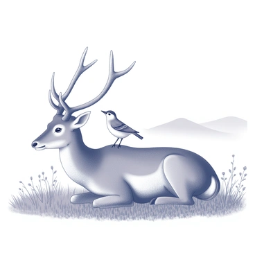 A jaybird is perched on the antlers of a resting deer. The deer has a large set of antlers, with distinct branching points. Its body is relaxed, lying in a lush meadow filled with wild grasses and small wildflowers. The background features soft hills that rise gently, creating a natural habitat. The jaybird displays its characteristic form, with its pointed wings slightly open. The scene captures the tranquil interaction between the bird and the deer amidst the serene natural setting.