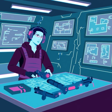 A skilled mercenary with rugged features and short, tousled hair is focused on assembling high-tech gadgets and weapons in a dimly lit workshop aboard their ship. The workshop is cluttered with various tools, blueprints, and components, showcasing an array of advanced weaponry on the workbench. The walls are adorned with screens displaying digital schematics and data feeds. The mercenary is wearing a tactical outfit, complete with utility belts and protective gear. Bright LED lights illuminate specific areas of the workshop, highlighting the intricate details of the gadgets being crafted. In the background, the ship’s metallic interior reflects a futuristic design, with cables and technology integrated seamlessly into the environment.