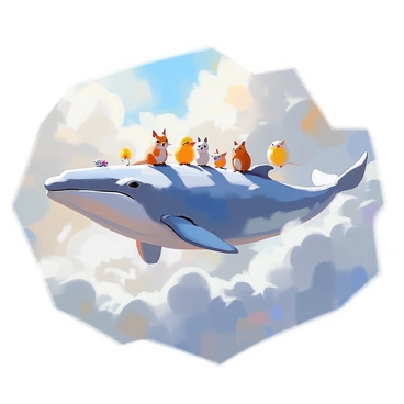 A giant whale with a smooth, shimmering blue body is gracefully swimming through a sky filled with fluffy white clouds. The whale's dorsal fin breaks the cloud surface, creating a gentle ripple effect in the air. On its back, a variety of tiny woodland creatures are perched, including a curious squirrel, a small deer, and several brightly colored birds. The creatures appear joyful and intrigued, looking around at the vast, fluffy expanse of clouds surrounding them. Sunlight filters through the clouds, casting a soft glow on the scene.
