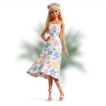 A Barbie doll, wearing a flowing, bohemian dress adorned with vibrant floral patterns in shades of pink, blue, and yellow. She has a floral headband made of small, colorful flowers resting on her long, blonde hair. Her feet are adorned with simple, stylish sandals, and she stands gracefully with one hand on her hip. The background features soft, blurred greenery, enhancing the overall summery vibe of the scene.
