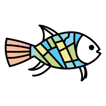A mosaic artwork of a fish created using a variety of colorful square and rectangular tiles. The fish's body displays a blend of blues, greens, and yellows, while the tail features vibrant reds and oranges. The tiles are arranged in a way that emphasizes the scales of the fish, creating a textured appearance. The background consists of a simple light-colored surface that highlights the intricate details of the fish's form and colors.