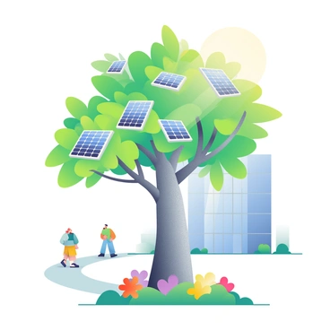 A solar tree stands in an urban park, with its trunk made of textured gray metal and branches extending gracefully. The branches are adorned with solar panels shaped like vibrant green leaves, reflecting sunlight. Surrounding the base of the tree, there are patches of colorful flowers in various shades, including red, yellow, and purple, adding contrast to the greenery. Nearby, a smooth pathway winds through the park, where a few people are strolling, enjoying the sunny day. In the background, a modern building with glass windows and a blue sky is visible, contributing to the urban environment.