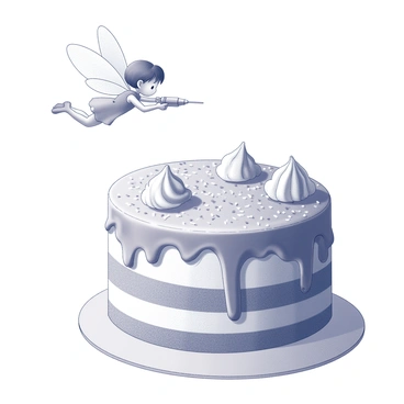 A tiny fairy is hovering above a giant birthday cake. The fairy has delicate wings and is intently focused on her task. She is holding a piping bag filled with frosting, expertly squeezing it to create intricate designs on the cake's surface. The cake is multi-layered, with various textures and patterns, featuring large swirls of frosting and an abundance of sprinkles, which are scattered across the top and sides. The scene captures the fairy's concentration and the grandeur of the cake, highlighting the contrast in size between the fairy and the cake.