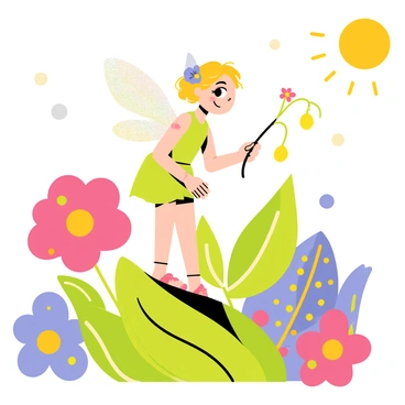 A tiny pixie using a flower stem as a bow in an enchanted garden