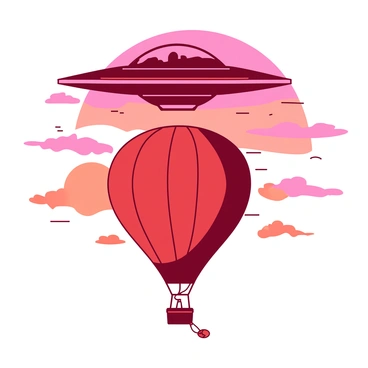 A red hot air balloon is rising gently in the sky, its vibrant colors contrasting against the backdrop. Above the balloon, there is a large, metallic UFO, its sleek design looming over the scene. The sky is filled with a mix of orange and pink hues, creating a stunning contrast as the sun sets on the horizon. Wisps of clouds scatter throughout the sky, adding texture to the vibrant atmosphere. The hot air balloon is tethered by a sturdy rope, swaying slightly in the soft breeze beneath the ominous UFO.