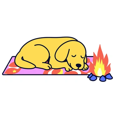 A golden retriever with a shiny, golden coat is peacefully napping. The dog is curled up comfortably on a patterned rug featuring geometric shapes in warm colors. In front of the dog, a blazing fire emits bright orange and yellow flames, creating a warm glow in the room. The background showcases a simple setting, emphasizing the calm scene between the dog and the fire.
