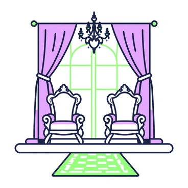 A royal-themed photo booth with elegant thrones and a ballroom backdrop