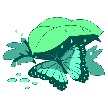 A teal monarch butterfly is resting under a large green leaf, its wings slightly closed to protect itself from the gentle rain. Raindrops are falling softly around it, creating small splashes on the ground. The leaf above provides a shield from the rain, contrasting with the vibrant colors of the butterfly's wings. Surrounding the butterfly, there are blurred hints of green foliage, emphasizing its delicate position in nature.