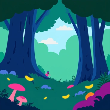 A mystical forest filled with towering trees, their trunks thick and gnarled, reaching up towards the sky. The leaves are a deep green, with some shimmering in hues of blue and purple. Glowing fireflies flicker throughout the scene, their soft golden light illuminating the underbrush. Dappled sunlight breaks through the dense canopy, creating patches of light on the forest floor. Delicate ferns and colorful mushrooms grow in clusters around the bases of the trees, adding vibrant colors to the rich tapestry of the forest.