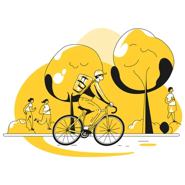 A bike courier is riding swiftly through a park, wearing a helmet and a bright yellow jacket. The courier has a backpack filled with packages secured to their back. Trees line the path, with some people walking and jogging in the background. The bike is positioned dynamically as it leans into a turn, and the courier is focused on the path ahead. Sunlight filters through the leaves, casting shadows on the ground.