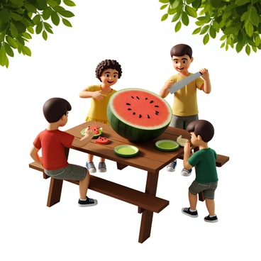 A group of four children, two boys and two girls, are gathered around a large, round watermelon placed on a picnic table. One boy with short brown hair is holding a large knife, preparing to cut the watermelon in half. A girl with curly hair and wearing a yellow dress is pointing at the watermelon, excitedly explaining the fractions. The other boy, wearing a red t-shirt, is holding a plate ready to receive a slice, while the girl in a green shirt is smiling and reaching out to grab a piece. The watermelon is bright red inside, with glistening black seeds, and there are slices already placed on colorful plates around them. Sunlight filters through the leaves of nearby trees, casting playful shadows on the table.