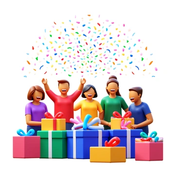 A vibrant explosion of colorful confetti fills the air. In the foreground, a diverse group of people joyfully opens their presents. They are surrounded by various wrapped gifts in bright and festive paper. Some individuals are laughing, while others are surprised by their gifts. The confetti drifts down and settles on the cheerful scene, adding a sense of celebration to the atmosphere.