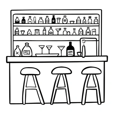 A wooden counter serves as the base for a cozy home bar setup. On the counter, there is a tray with several freshly made "French martinis" placed neatly, each glass showcasing its distinct shape and a garnish. Behind the counter, shelves are filled with various bottles of alcohol, glassware, and cocktail tools. Soft lighting casts gentle shadows, creating a warm atmosphere. A few bar stools are arranged nearby, inviting relaxation.