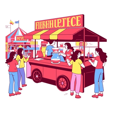 A vibrant juice cart painted in red and yellow stands at the bustling fair. The cart features a large sign that reads "Fresh Beet Juice" in bold letters. Surrounding the cart, excited customers of various ages eagerly wait in line, some holding colorful cups filled with beet juice. A cheerful vendor behind the cart is pouring fresh juice from a large glass pitcher into a cup. The background shows colorful fair decorations and other attractions, enhancing the lively atmosphere.