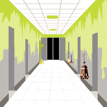 A long hospital hallway with cracked white tiles on the floor. The walls are covered in peeling light green paint, exposing the gray underneath. Flickering fluorescent lights hang from the ceiling, casting an eerie glow. At the end of the hallway, a set of double doors appears slightly ajar, leading to darkness. Shadows dance on the walls, creating a sense of desolation. Dust motes float in the air, illuminated by the dim light. Rusty medical equipment is scattered along the sides of the hallway, adding to the abandoned atmosphere.