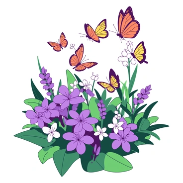 A composition of various butterflies in shades of orange and yellow is fluttering gracefully around a cluster of wildflowers. The wildflowers, in vibrant colors of purple and white, are blooming abundantly in the landscape. The butterflies are delicately landing on the petals, with some hovering in mid-air, creating a lively scene. The background features a lush and green environment typical of the Everglades, enhancing the vividness of the butterflies and flowers.
