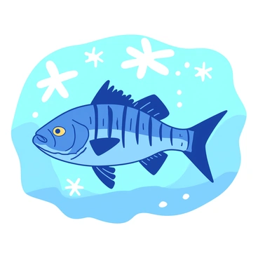 A blue walleye fish is swimming gracefully through a crystal-clear underwater environment. The walleye features distinct golden eyes and a patterned body with dark vertical stripes. Surrounding the fish are delicate white snowflakes gently falling from above, creating a wintry atmosphere. The snowflakes vary in size, with some larger flakes hovering close to the fish, while others drift slowly in the water, adding a sense of movement and depth to the scene.