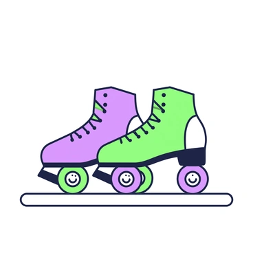 A pair of roller skates is positioned on a flat surface. The skates are designed with a glossy exterior and feature four wheels on each skate. The wheels are prominently visible, showcasing a combination of vibrant colors. The stoppers are located at the front of each skate, clearly defined and positioned to ensure safety. The laces are tightly secured, and the skates are angled slightly to display their full profile.