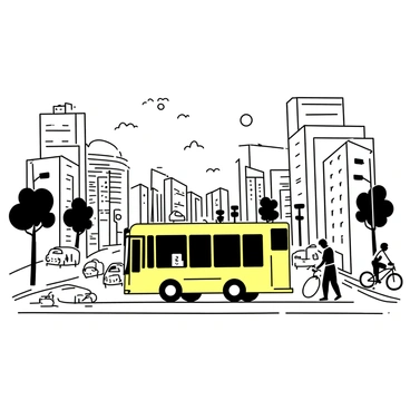 An electric school bus is driving along a busy city street during the day. The bus has large windows and a distinctive yellow color. Around the bus, there are various vehicles, including cars and cyclists. The tall buildings line the street, and there are trees providing shade along the sidewalk. Pedestrians are walking on the sidewalks, some waiting to cross the street. The sky is clear with a few clouds, and the sun is shining brightly. Traffic signs and streetlights are visible in the scene.