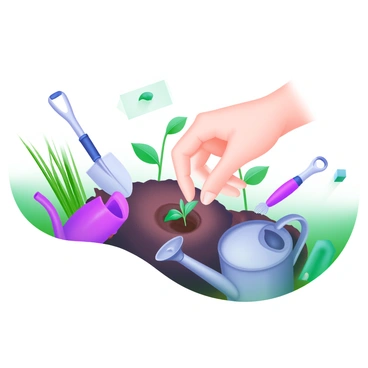 A right hand planting a seed into the soil in a garden.