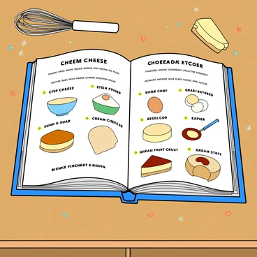 An open recipe book resting on a wooden kitchen countertop. The pages are filled with colorful, playful illustrations depicting a step-by-step cheesecake-making process. Each step is clearly labeled and features cartoon-like drawings of ingredients, including cream cheese, sugar, eggs, and a graham cracker crust. The illustrations also showcase tools like a mixing bowl and a whisk. The background is decorated with small, whimsical elements like a whisk and a slice of cheesecake, adding to the cheerful atmosphere of the kitchen scene.