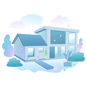 A modern home featuring sleek architecture and an energy-efficient design. The exterior showcases large double-glazed windows that reflect the surrounding environment. The home is adorned with soft LED lights that illuminate the pathways and highlight the structure's lines. Surrounding the house is a well-maintained garden with various plants and shrubs, complementing the contemporary style. The scene captures a clear sky with gentle pastel tones, enhancing the overall serene atmosphere of the setting.