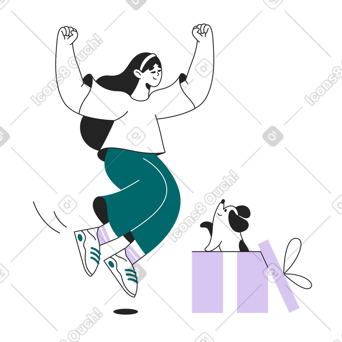 Illustration La fille se réjouit d'un cadeau avec un chien dans le style Sammy Line à télécharger aux formats PNG, SVG