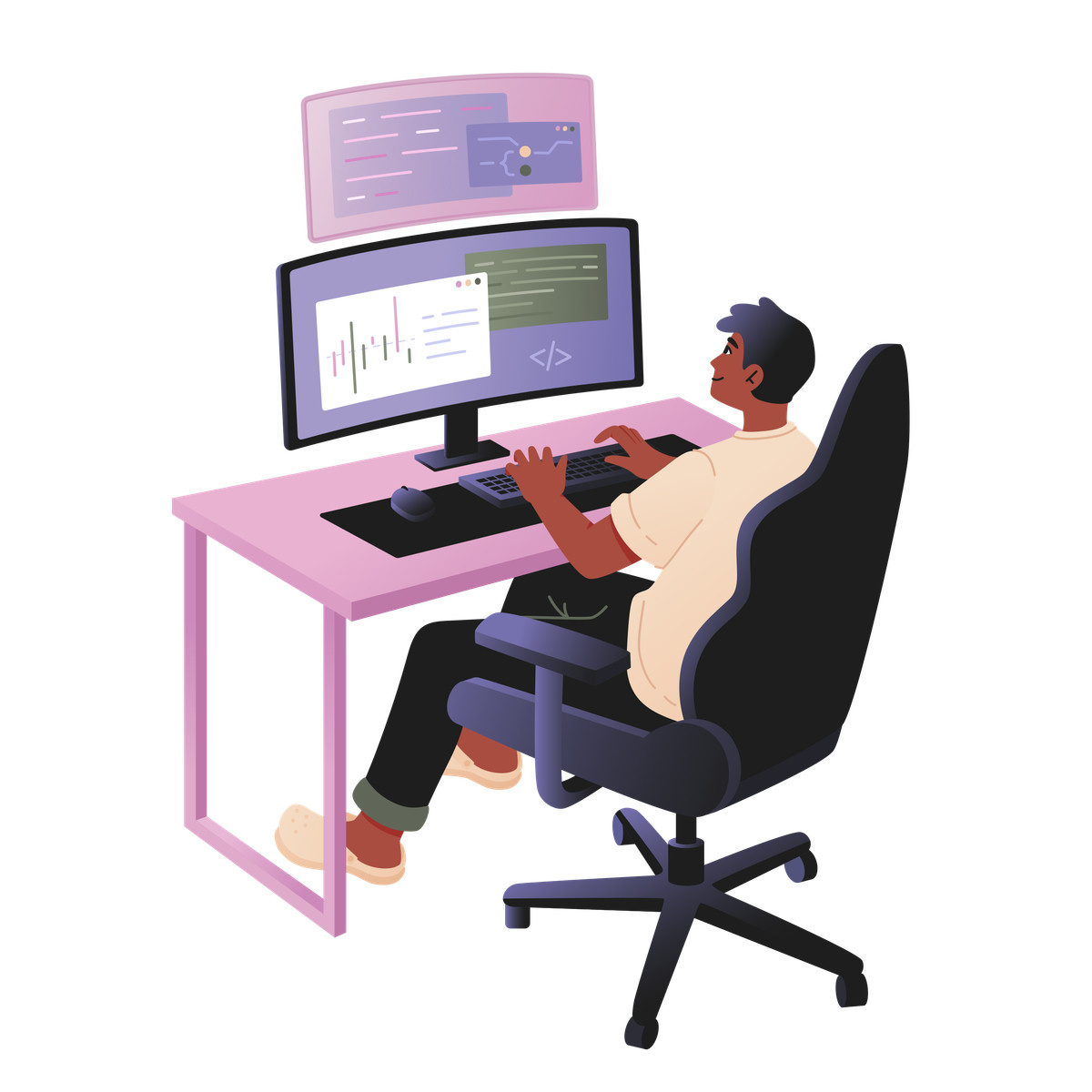 Male programmer writing program code animated illustration in GIF, Lottie (JSON), AE