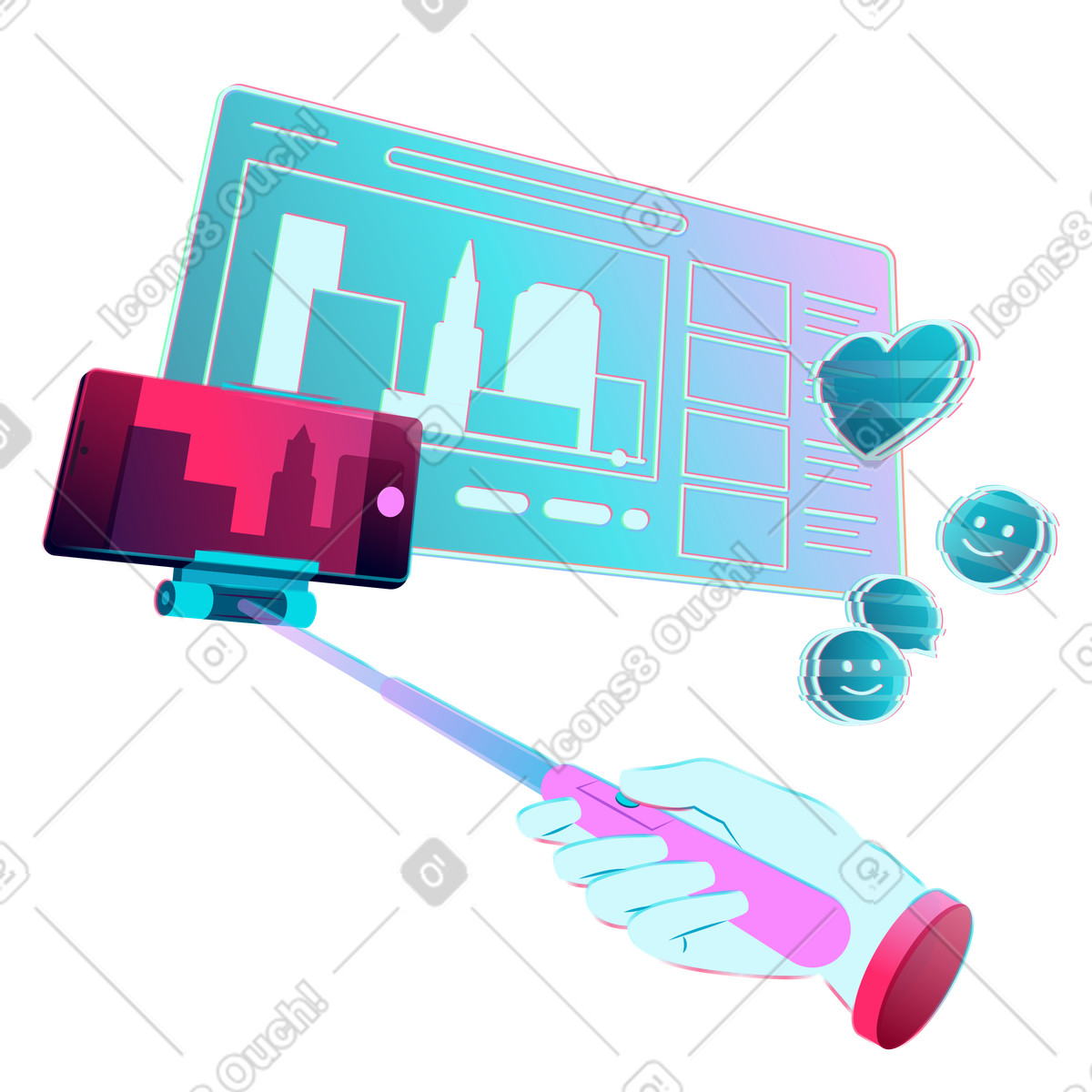 Ilustración Live streaming on smartphone with selfie stick, Virtual city tour en estilo Neon a descargar en PNG y SVG
