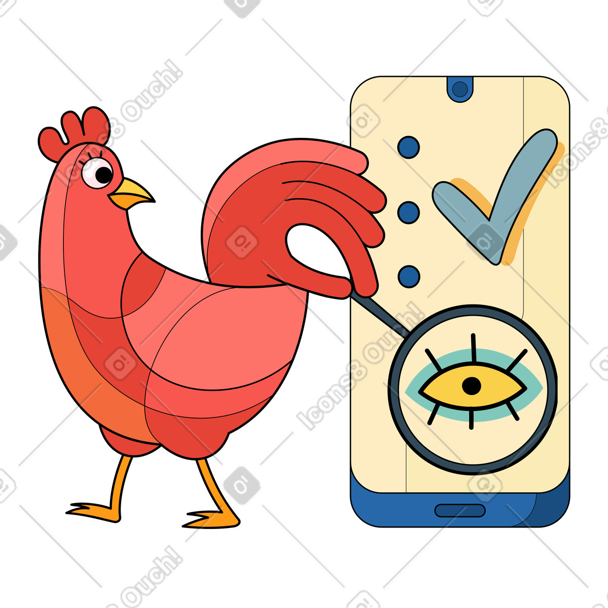 Surr スタイルの Chicken analyzing mobile search results through magnifier, Online and information finding のイラストをPNG、SVG形式でダウンロード